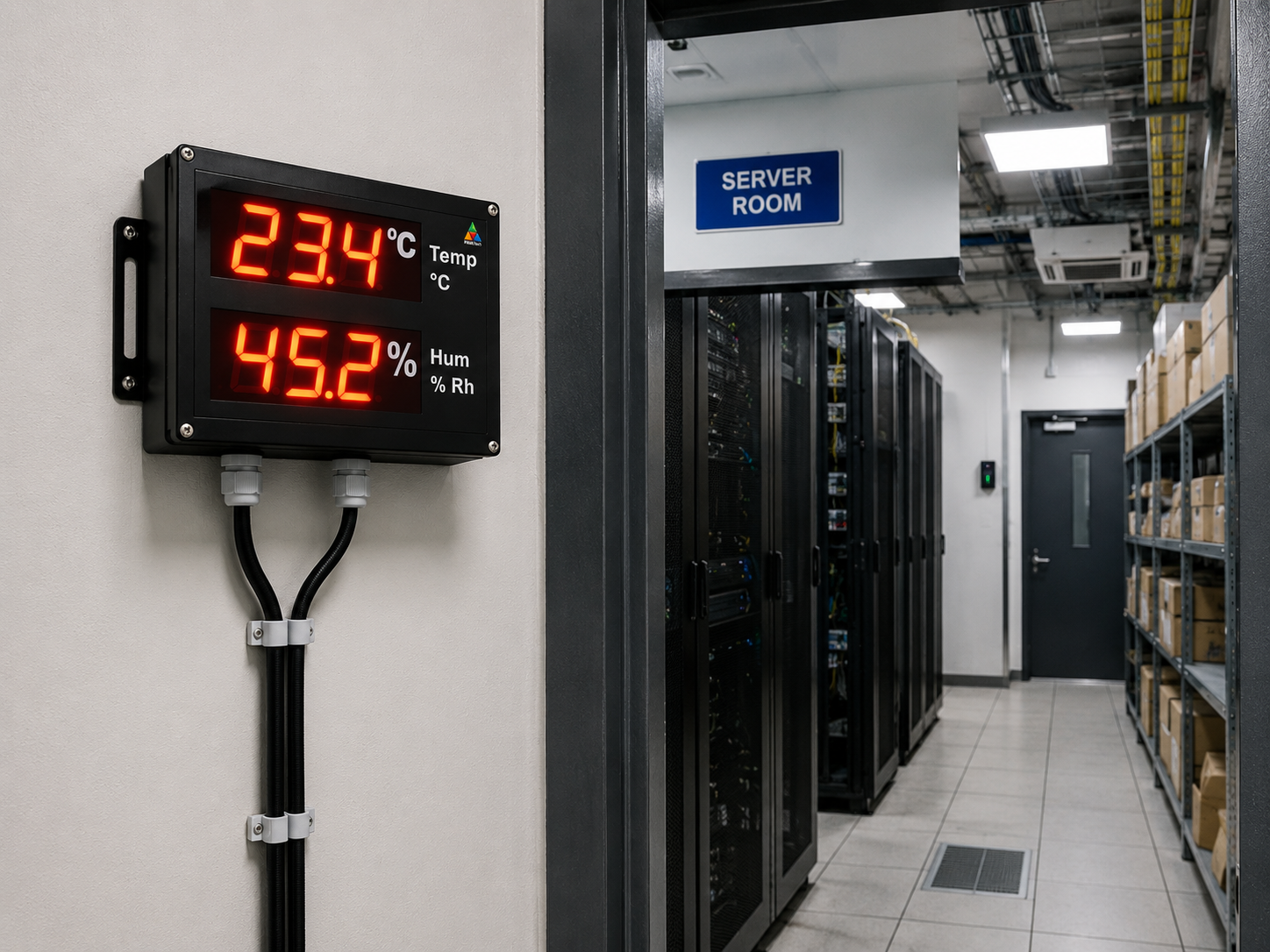 Temperature and humidity display, server room