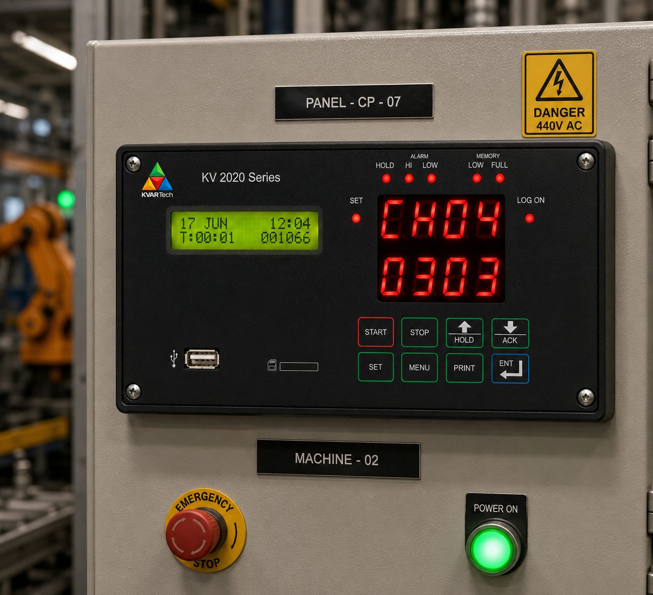 KVAR KV 2020 Series data logger installed in a plant panel