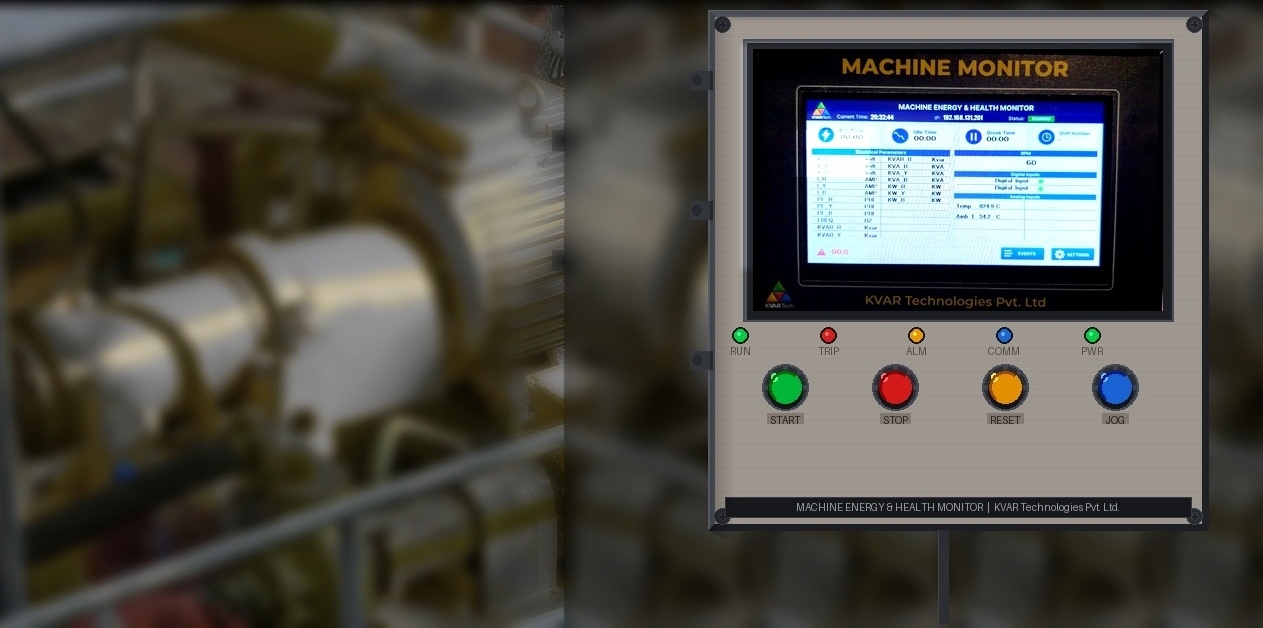 KVAR Machine Monitor mounted on industrial control panel near pump